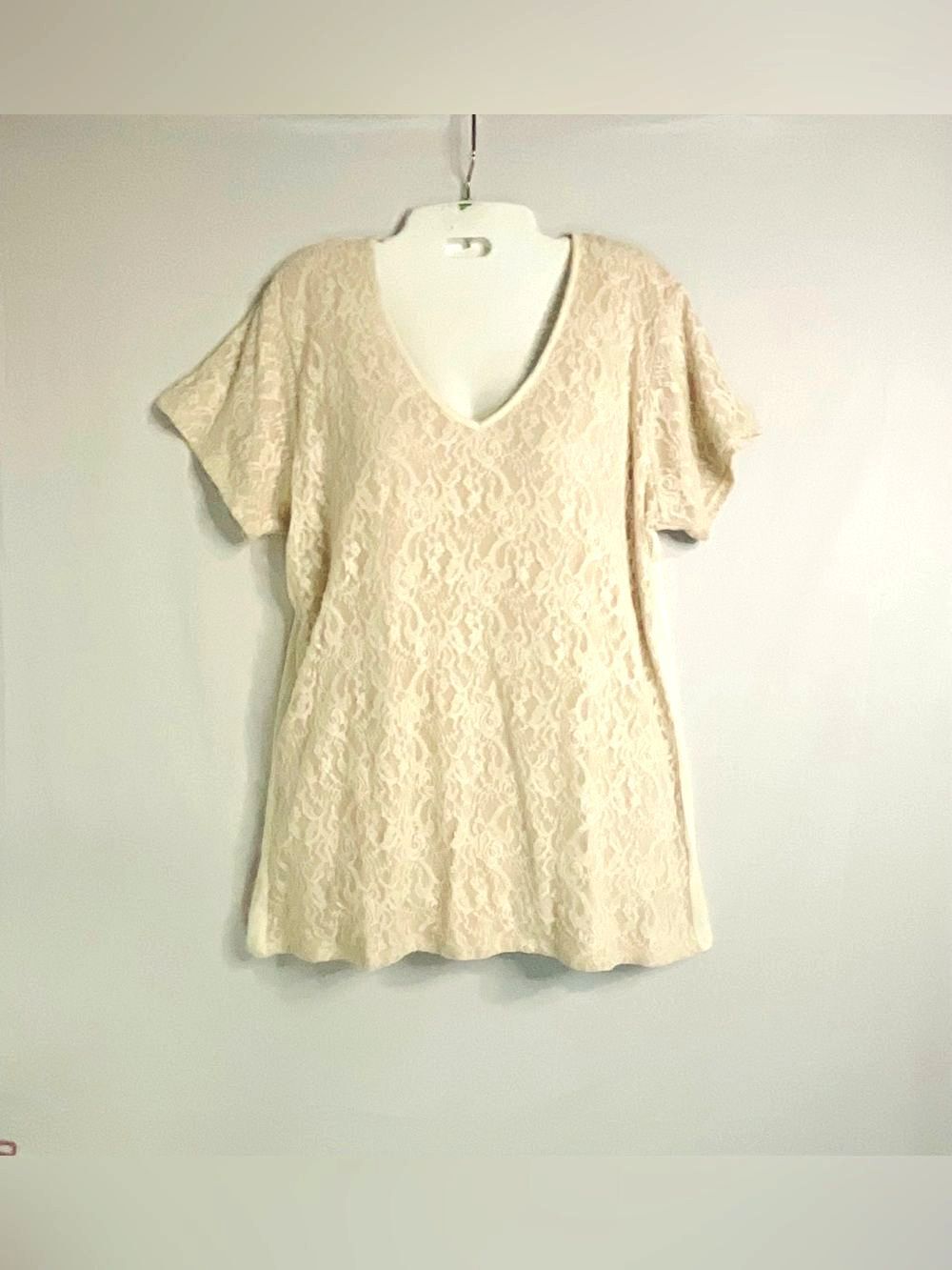Lace V-Neck Short Sleeve Top in Cream